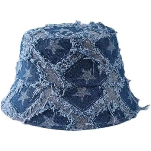 毛边星星牛仔渔夫帽女蓝色小众设计感盆帽大头围显脸小水桶帽子潮
