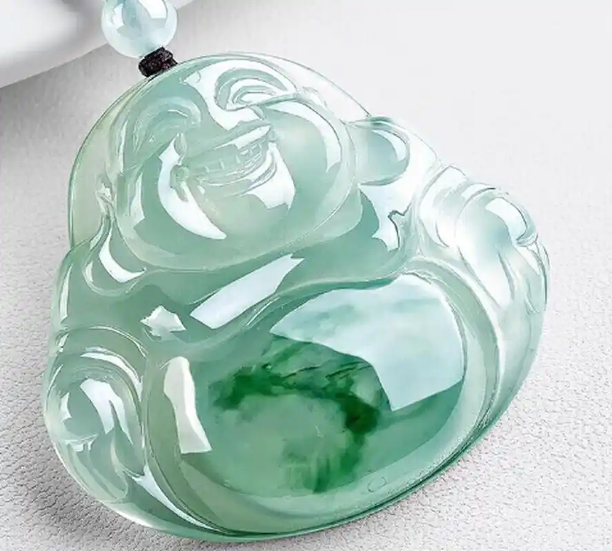 点击头像看直播##翡翠#缅甸冰种翡翠玉佛吊坠女款浅绿飘花弥勒佛笑佛