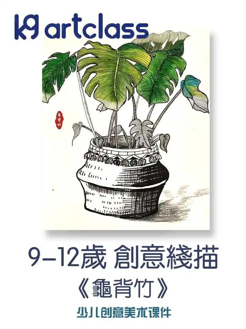 9-12岁美术线描画《龟背竹》创意美术线描  创意美术线条画 - 抖音