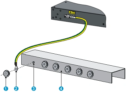 将双孔黄绿双色保护接地线缆一端接至交换机侧面板的接地