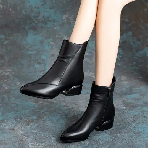 头层牛皮真皮短靴子女2020年新款秋冬中筒靴加绒保暖粗跟皮鞋女鞋