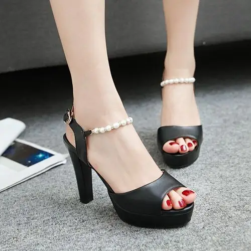 2017款高跟凉鞋女防水台鱼嘴粗跟女鞋串珠浅口百搭性感气质鞋