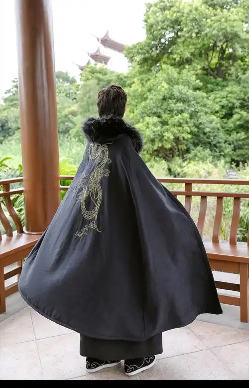 创秋冬汉服斗篷男装连帽武侠风长款风衣黑色保暖大毛领外套 黑色毛领