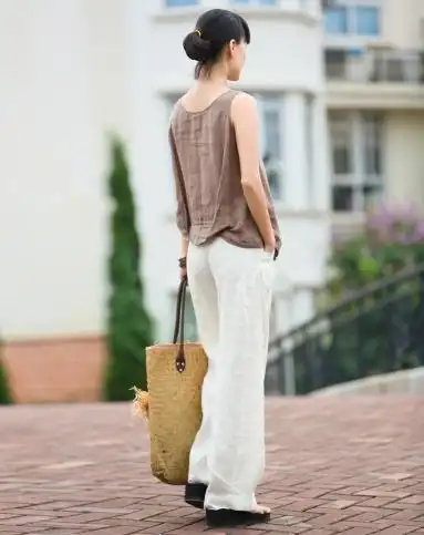 白色苎麻亚麻休闲显瘦阔腿裤长裤