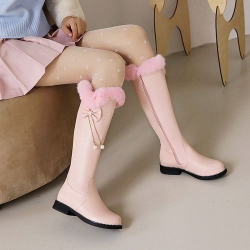 女童长靴子白色公主棉靴儿童皮靴中大童高筒靴小女孩加厚绒毛毛靴