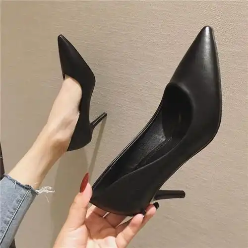 正装黑色一脚蹬女鞋 简约黑皮气质高跟鞋 面试职业尖头中跟单鞋