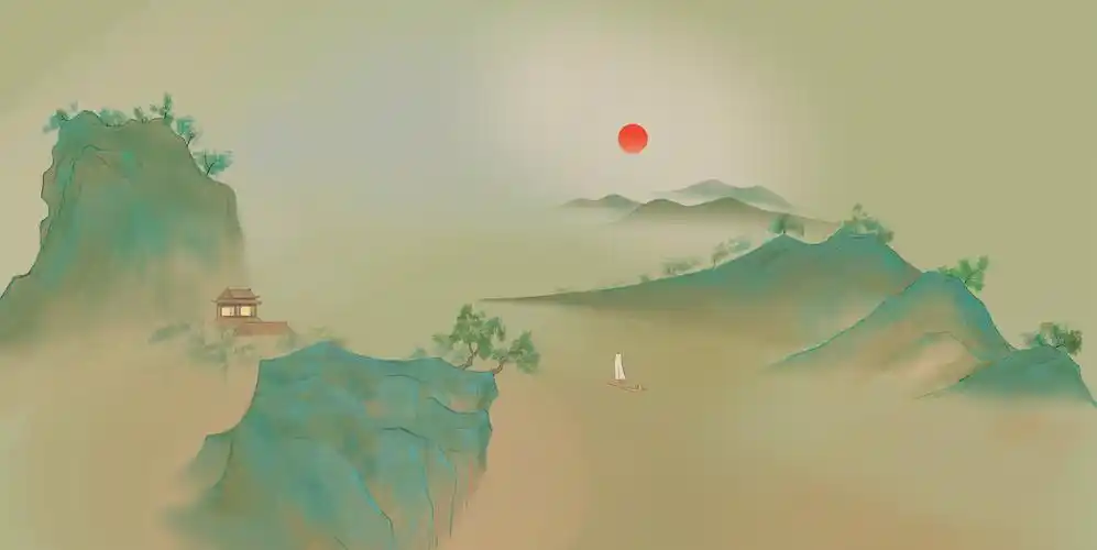 中国风新中式中国画青绿山水画江河湖泊山川地理仿古风景插画