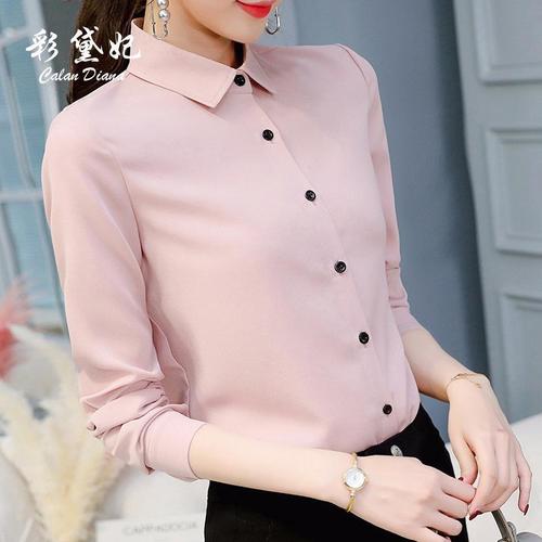彩黛妃2019春夏新款女式韩版纯色长袖显瘦潮流大码休闲雪纺衬衫