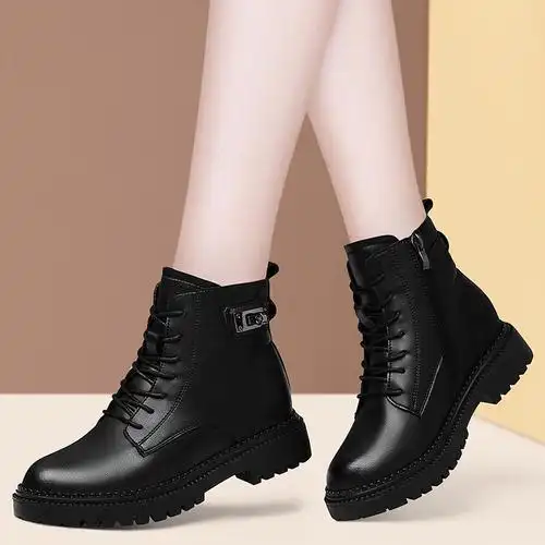 盾狐牛皮马丁靴女2020新款英伦风冬季加绒短筒百搭新品短款平底软皮短