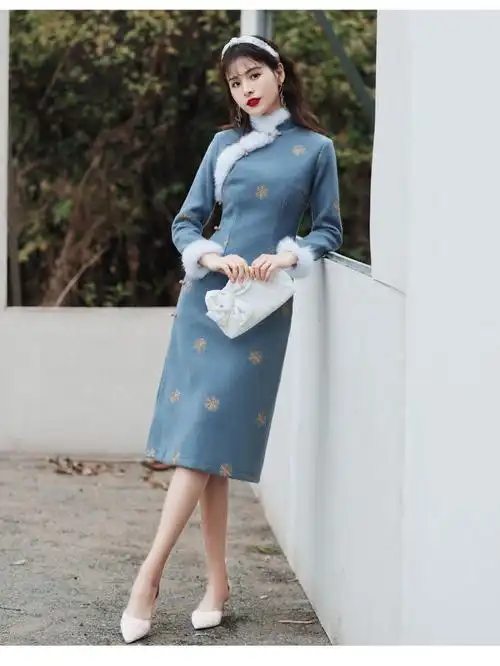 连衣裙女秋冬款中国风加厚旗袍秋冬少女装改良连衣裙复古优雅保暖年