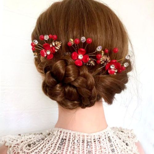 新娘结婚发饰红色花朵头花水钻发梳婚庆饰品女盘发配饰婆婆花发卡