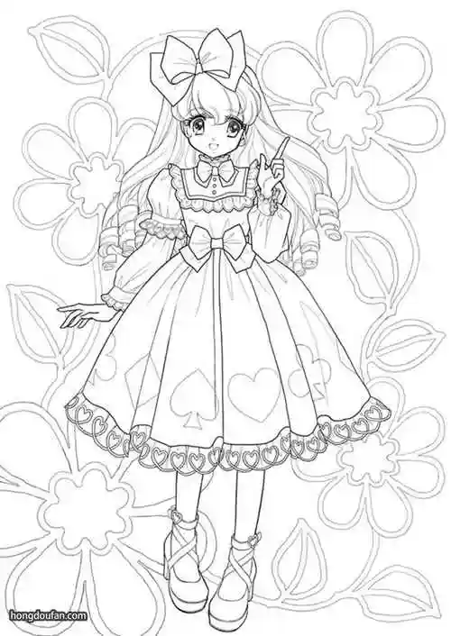 头戴蝴蝶结的卷头发大眼睛公主涂色简笔画大全