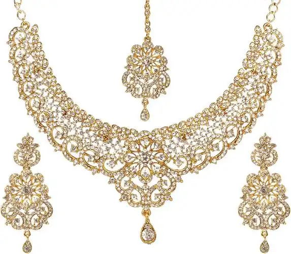 bindhani 印度镀金莱坞水钻新娘珠宝项链耳环 tikka 套装 女式