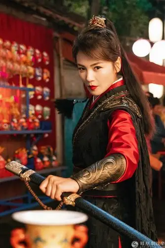 拔刀出鞘,气势非凡,冷冽眼神下,一丝女侠客的风情勾人心弦,似有微风略