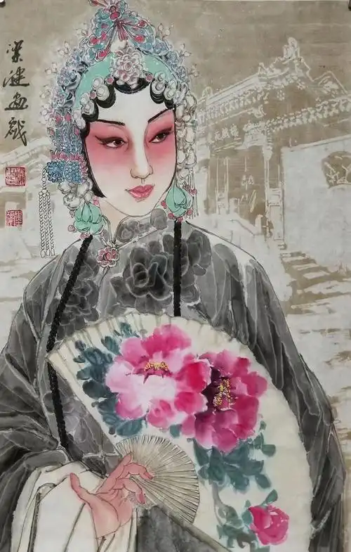 梁健画家四尺三开戏曲人物