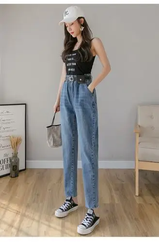 高腰牛仔裤女宽松2020年秋季新款潮ins显瘦九分哈伦萝卜老爹裤子