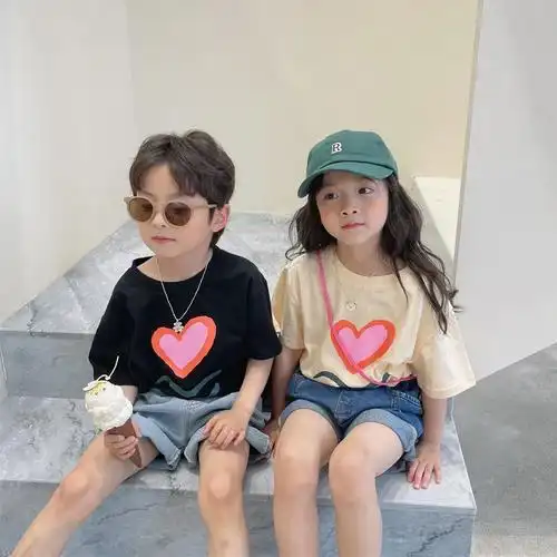 兄妹装爱心t恤炸街夏季新款小童上衣儿童宝宝龙凤胎短袖姐弟装潮