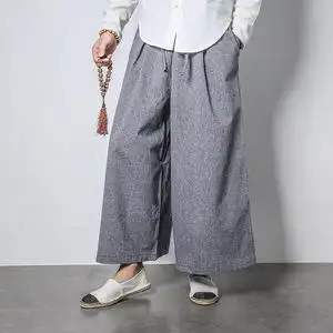 夏日本复古改良男和服袴裤日系棉麻阔腿裤裙裤宽松亚麻甩裤大脚裤
