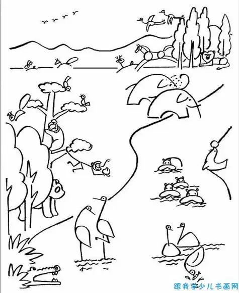 风景图简笔画上颜色有人有动物