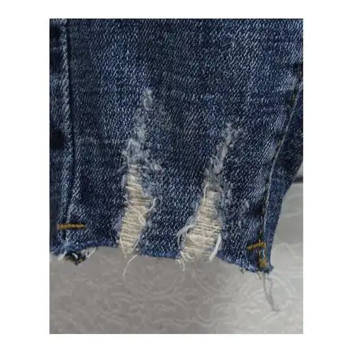 时尚猫须破洞贴布牛仔裤男青年韩版修身磨烂裤脚9九分乞丐小脚裤蓝色