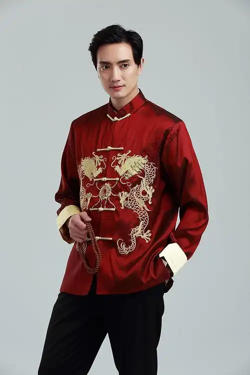 gp 男士绣龙唐装男长袖外套中国风丝绸男装上衣喜庆司仪舞台表演迎宾