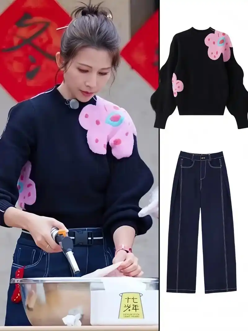 这件针织衫太美啦,蔡少芬明星同款～流行的撞色 元素与花朵图案相结合