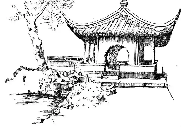 建筑手绘钢笔画建筑速写手绘亭子
