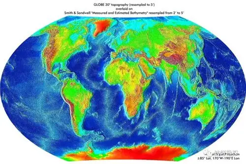 用冷暖色调表示的全球地形图,这才是真正的无水地球.