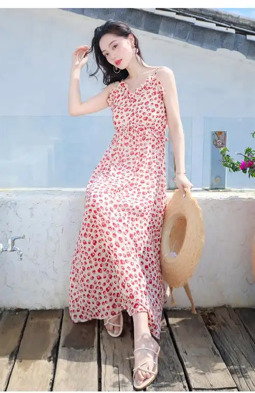 paul hualey 2021年春装新款碎花裙雪纺吊带裙法式复古仙女连衣裙气质