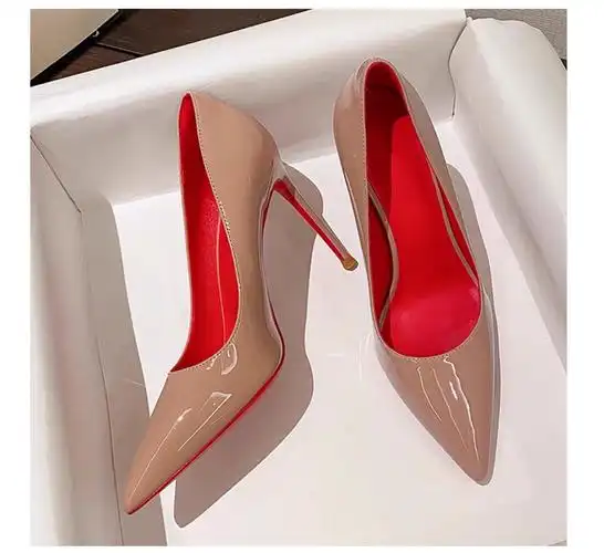 细跟性感真皮尖头单鞋女2024新款办公室浅口女鞋红底黑色高跟鞋