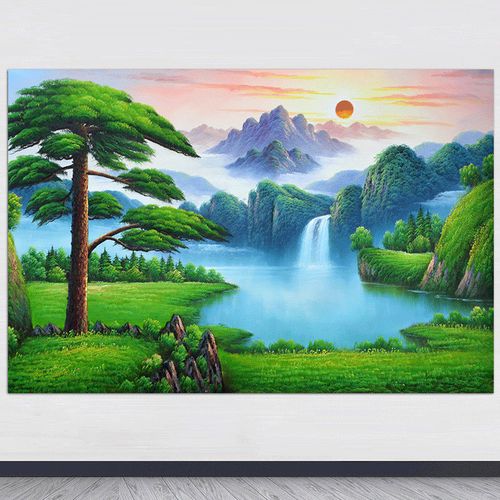 青山绿水背有靠山图八方聚财桂林山水瀑布美景画佛堂中堂自粘壁画
