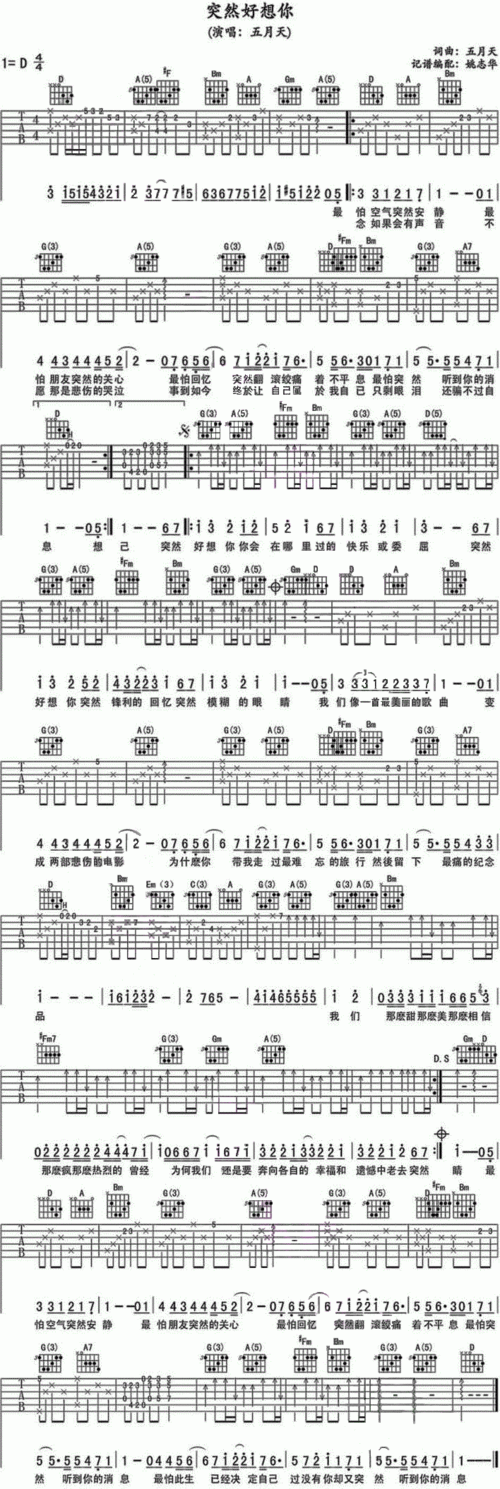 求五月天《突然好想你》的吉他和弦包括右手怎么弹