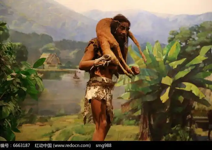 原始人肩扛小鹿蜡像