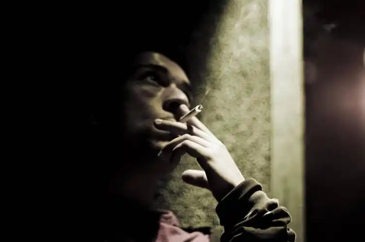 西方人,成年人,脸,头,脸颊,一个人,吸烟,横图,室外,夜晚,神秘,香烟