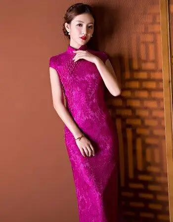 祺袍中长连衣裙旗袍秋季2019新款走秀优雅礼服女秋长款款h 玫红色蕾丝