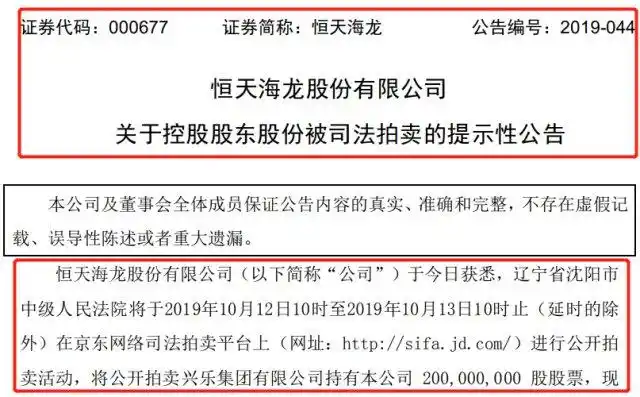 恒天海龙控股股东所持股票将在京东被拍卖