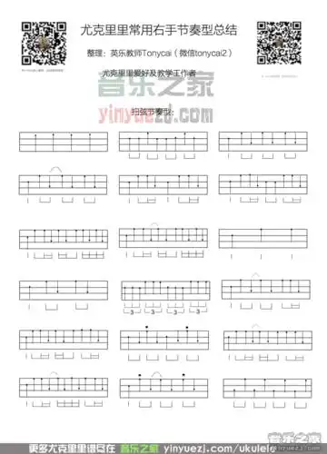 帮我讲解一下尤克里里右手扫弦的节奏的各种谱,带有说明那种.谢谢