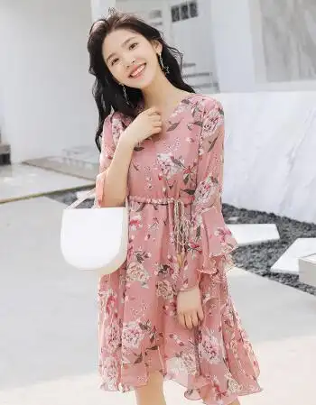 新款雪纺连衣裙 韩版碎花印花v领长裙子显瘦气质小个子少女 粉色花 l