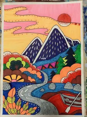 画线稿装饰画荷塘月色 风景画儿童画马克笔风景画～马克笔风景画123