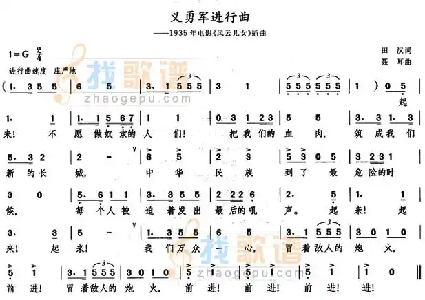 歌谱:义勇军进行曲(简谱)