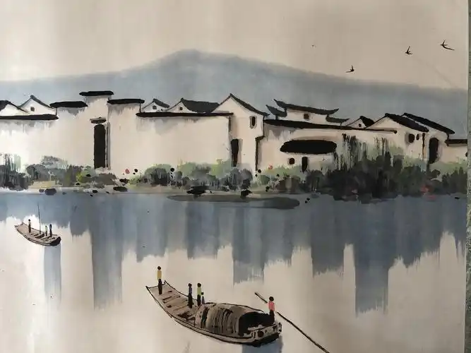 (吴冠中《江南水乡图》徽派建筑群)