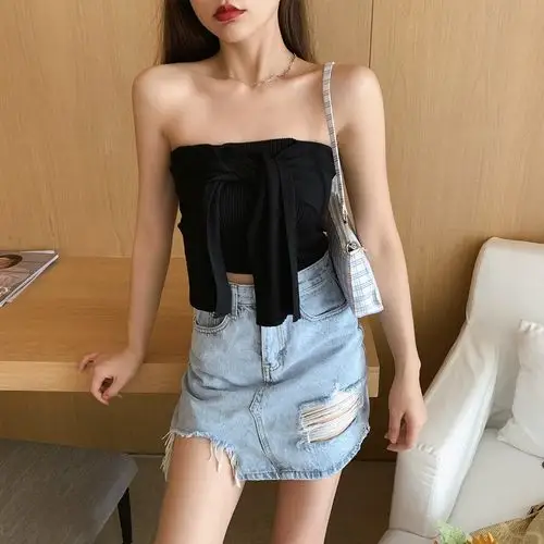 周小熊抹胸背心女外穿性感无袖上衣露肩短款露脐打底小衫无肩带