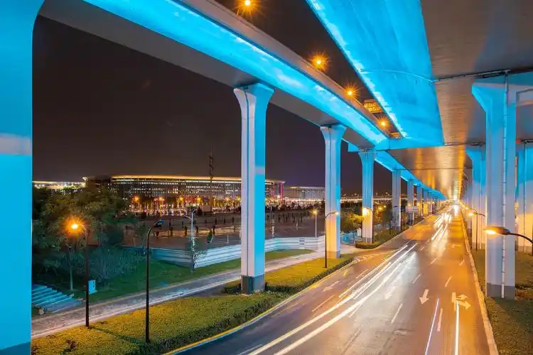 虹桥商务区嘉闵高架建虹路下闸道处,城市绿雕在灯光下美轮美奂.