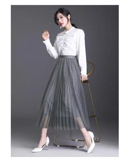 春秋网纱半身裙纱裙女半身裙垂感显瘦网纱百褶裙高端长裙子白色65厘米