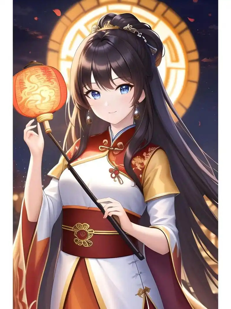 温馨灯光下的汉服裙装女子,动漫二次元绘画