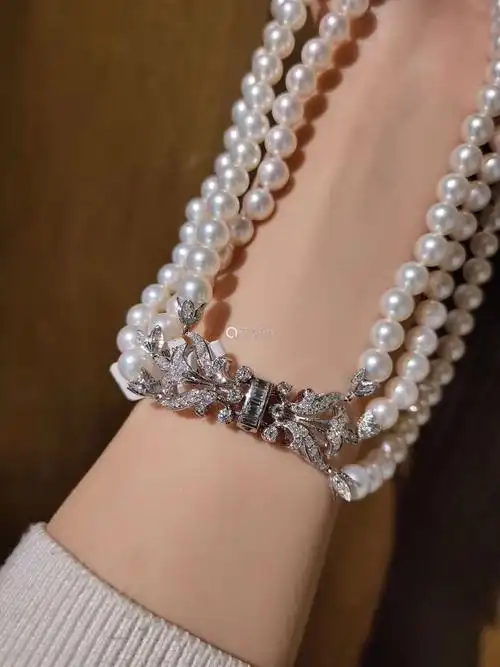 retro时期精美akoya珍珠项链 18k白金钻石扣头-【成交 价格 图片】