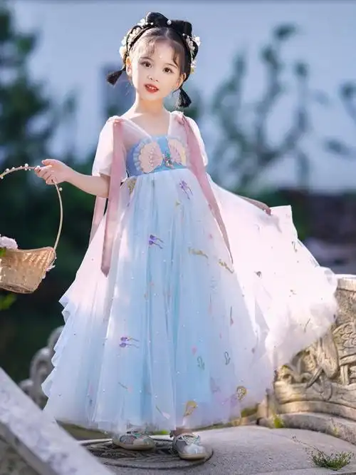 小学生汉服女款夏季中国风轻纱襦裙超仙古装儿童唐装浅蓝色连衣裙