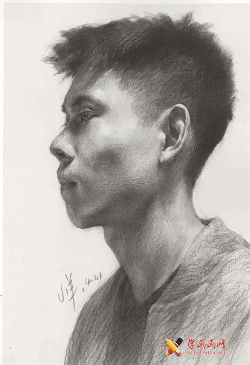 侧面男青年素描头像的画法临摹图片__素描头像_人物素描_学画画网