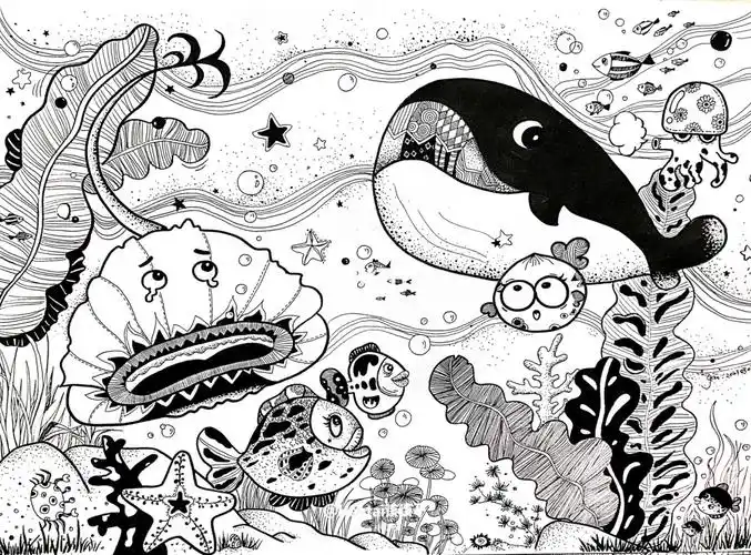 线描画黑白线描儿童线描海底世界