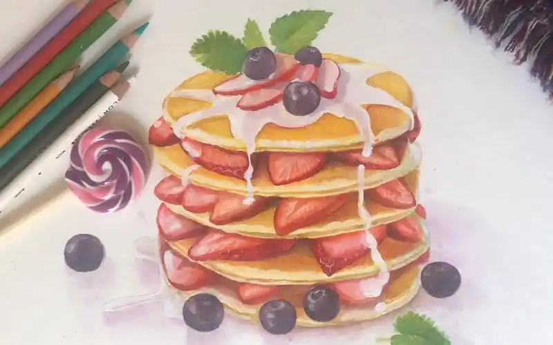 水彩结合彩铅画美食草莓派塔蛋糕,手绘插画教程